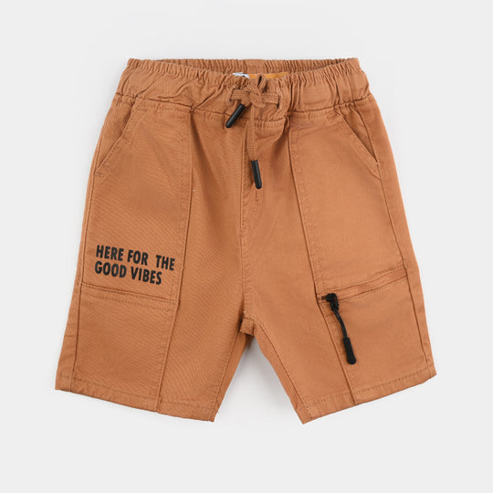 Boys Cotton Twill Short Good Vibes-BROWN