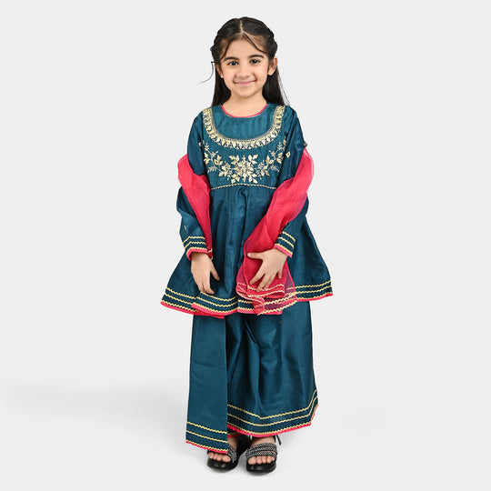Girls Raw Silk Fancy 3 Pcs Suit Gota-Teal blue