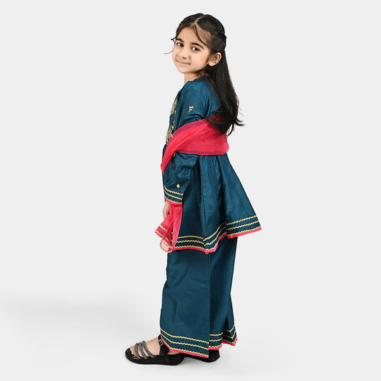 Girls Raw Silk Fancy 3 Pcs Suit Gota-Teal blue