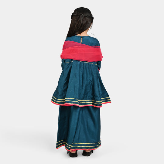 Girls Raw Silk Fancy 3 Pcs Suit Gota-Teal blue