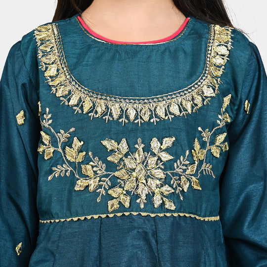 Girls Raw Silk Fancy 3 Pcs Suit Gota-Teal blue