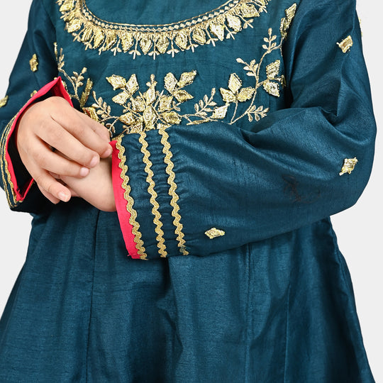 Girls Raw Silk Fancy 3 Pcs Suit Gota-Teal blue