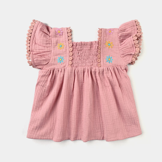 Infant Girls Crinkle Fabric Casual Frock Daisy-Peach