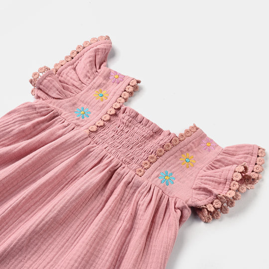 Infant Girls Crinkle Fabric Casual Frock Daisy-Peach