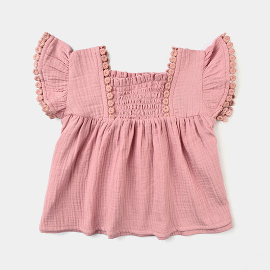 Infant Girls Crinkle Fabric Casual Frock Daisy-Peach