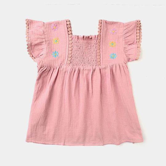 Girls Cotton Crinkle Casual Frock Daisy-Peach