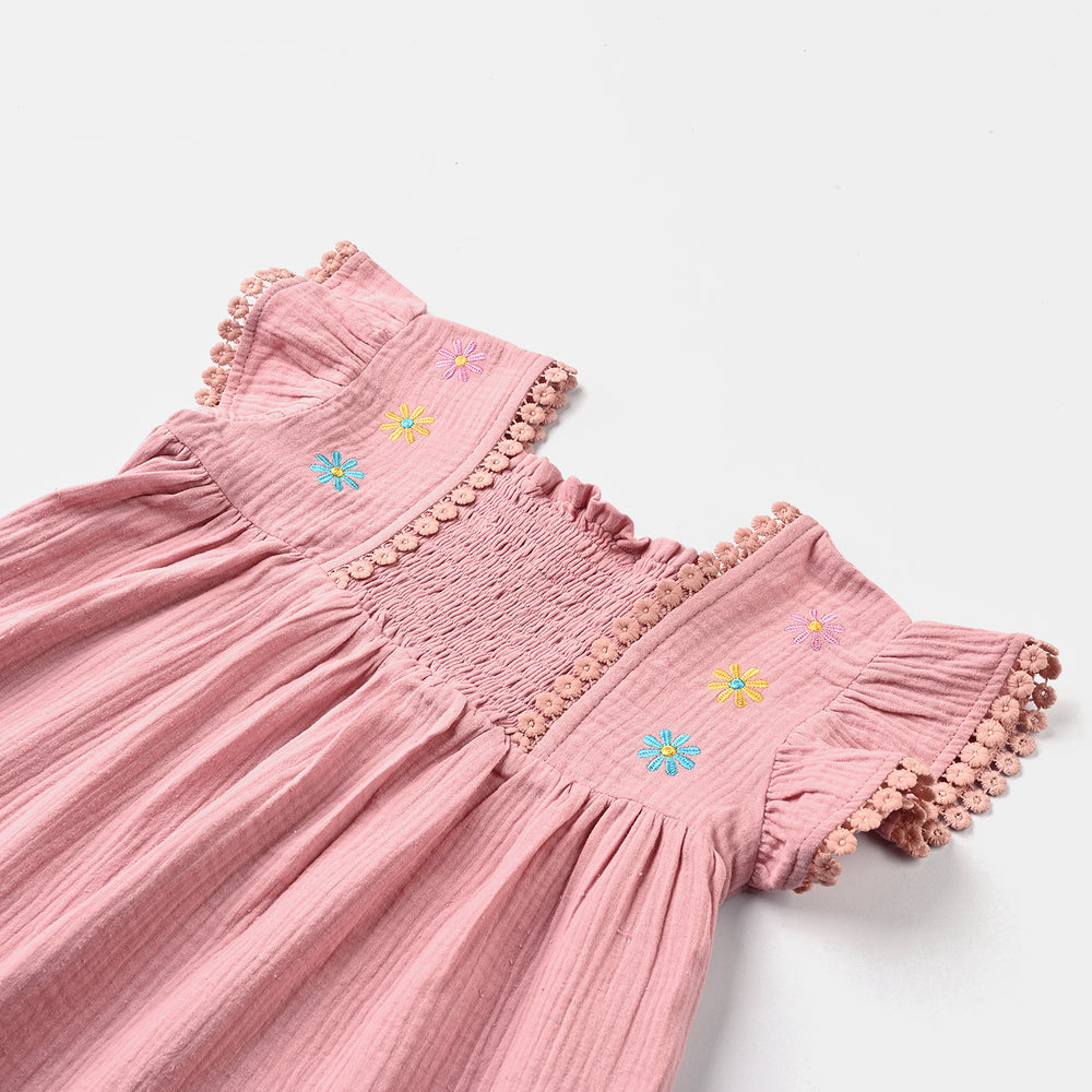 Girls Cotton Crinkle Casual Frock Daisy-Peach