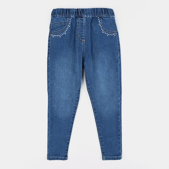Girls Denim Stretch Jeggings Studs-Mid Blue