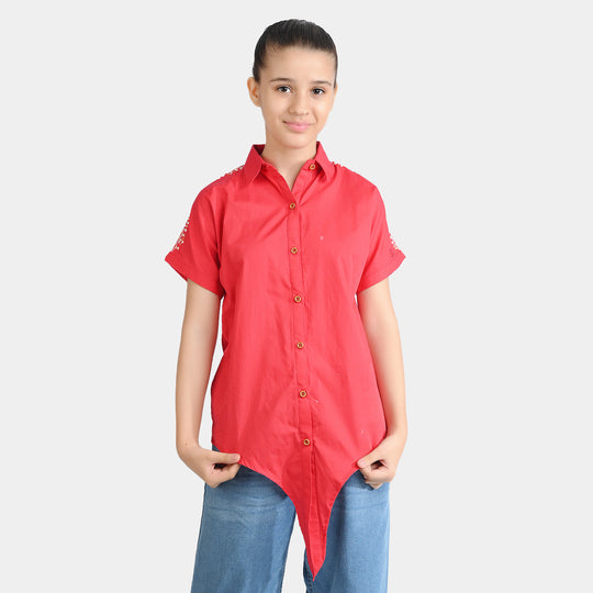 Girls Cotton Emb Top Aztec-Red