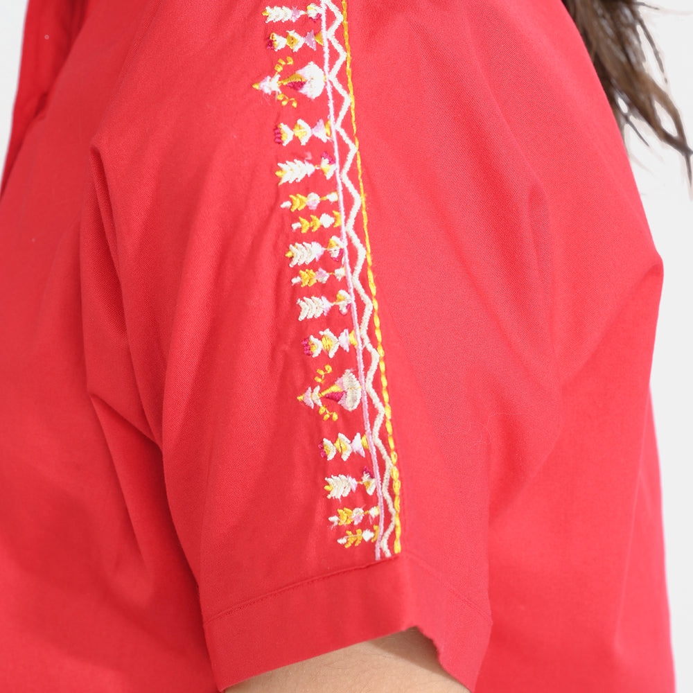 Girls Cotton Emb Top Aztec-Red