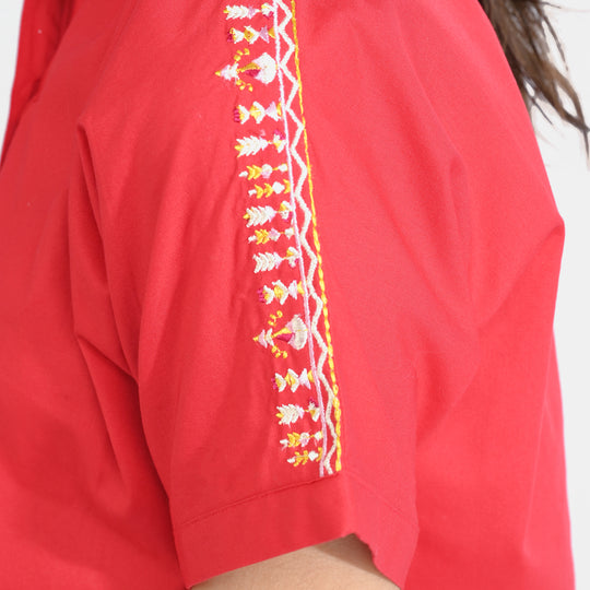 Girls Cotton Emb Top Aztec-Red
