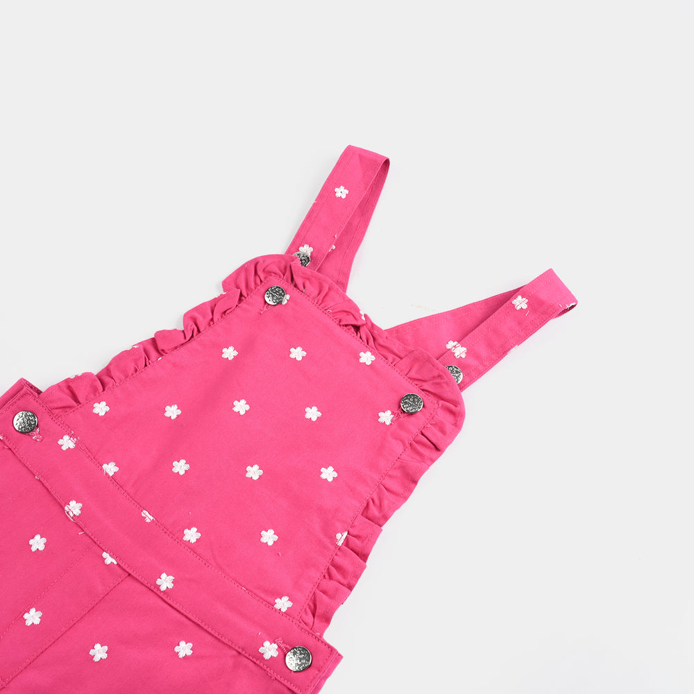 Girls Cotton Twill Dangri Flowers-Hot.Pink