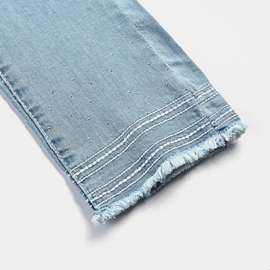 Girls Denim Stretch Pant Ethnic Bottom-Light Blue