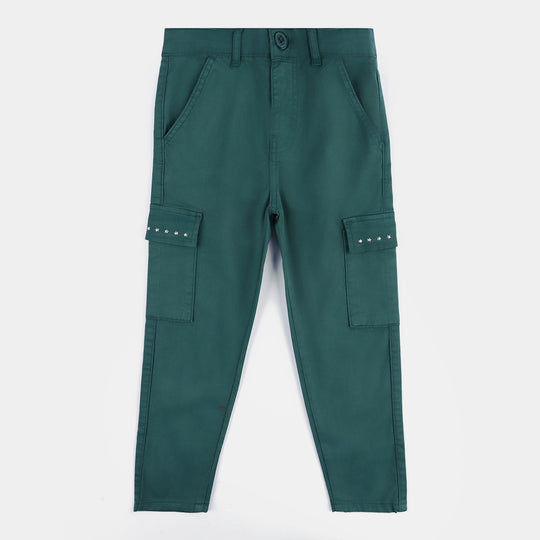 Girls Cotton Twill Pant Star Studs-Teal Green
