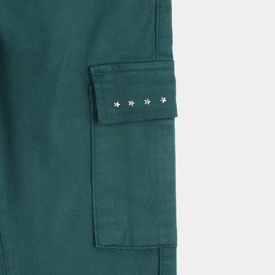 Girls Cotton Twill Pant Star Studs-Teal Green