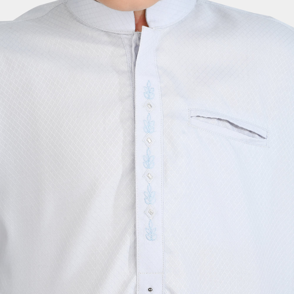Boys Poly Viscose Kurta Pajama Suit (Placket EMB)-B.White
