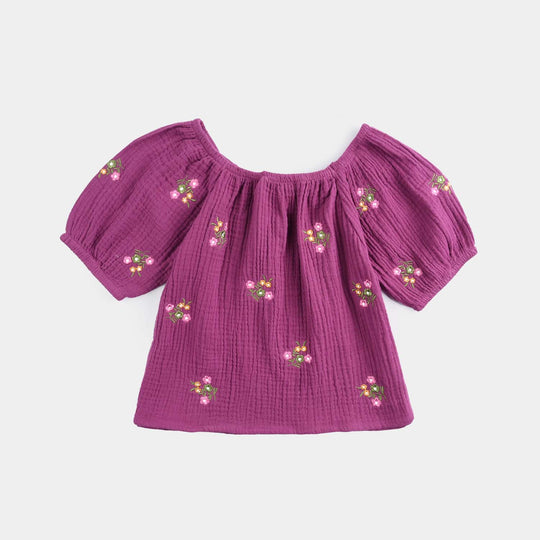 Infant Girls Cotton Crinkle EMB Top Bouquet-Purple