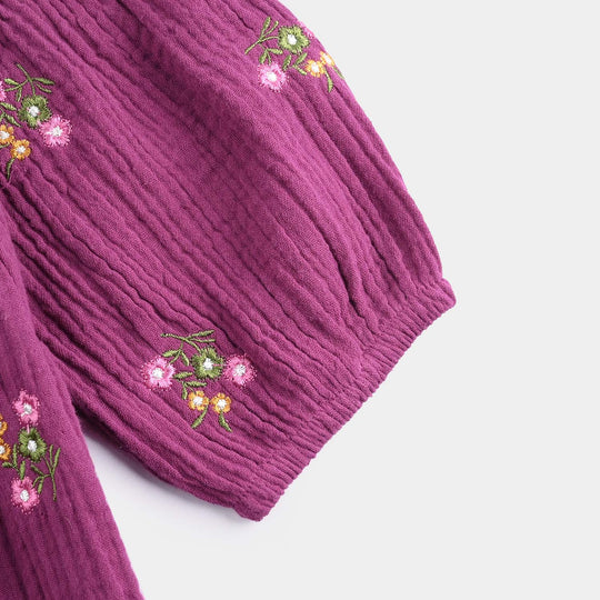 Infant Girls Cotton Crinkle EMB Top Bouquet-Purple