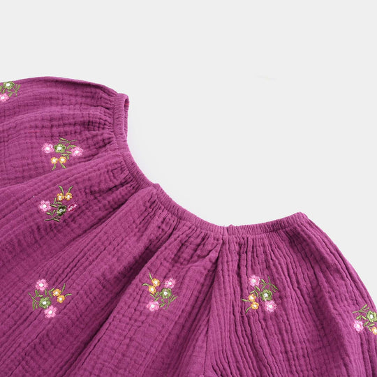 Infant Girls Cotton Crinkle EMB Top Bouquet-Purple