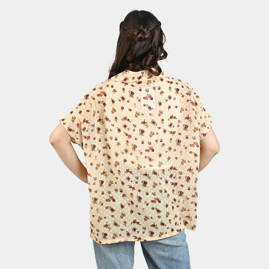 Girls  Printed Brochia Casual Tops-BEIGE