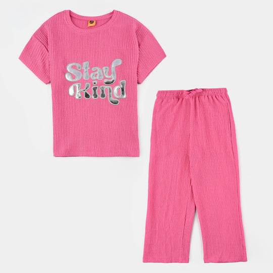 Girls Poly Crinkle 2 Piece Suit Smile All Day Long-Hot Pink