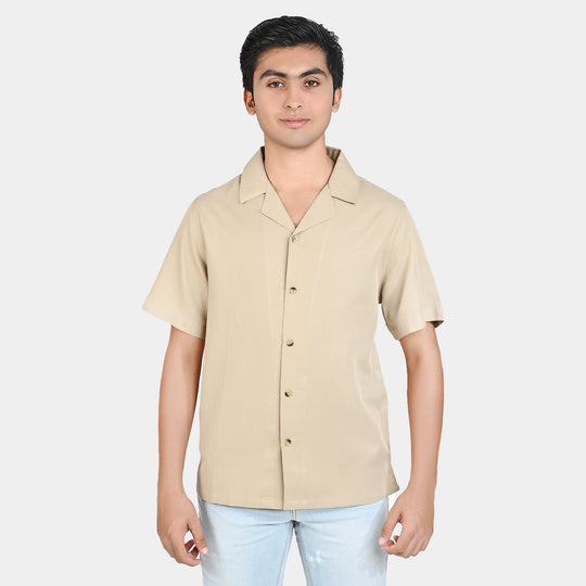 Teens Boy Cotton Resort Collar Shirt-BEIGE