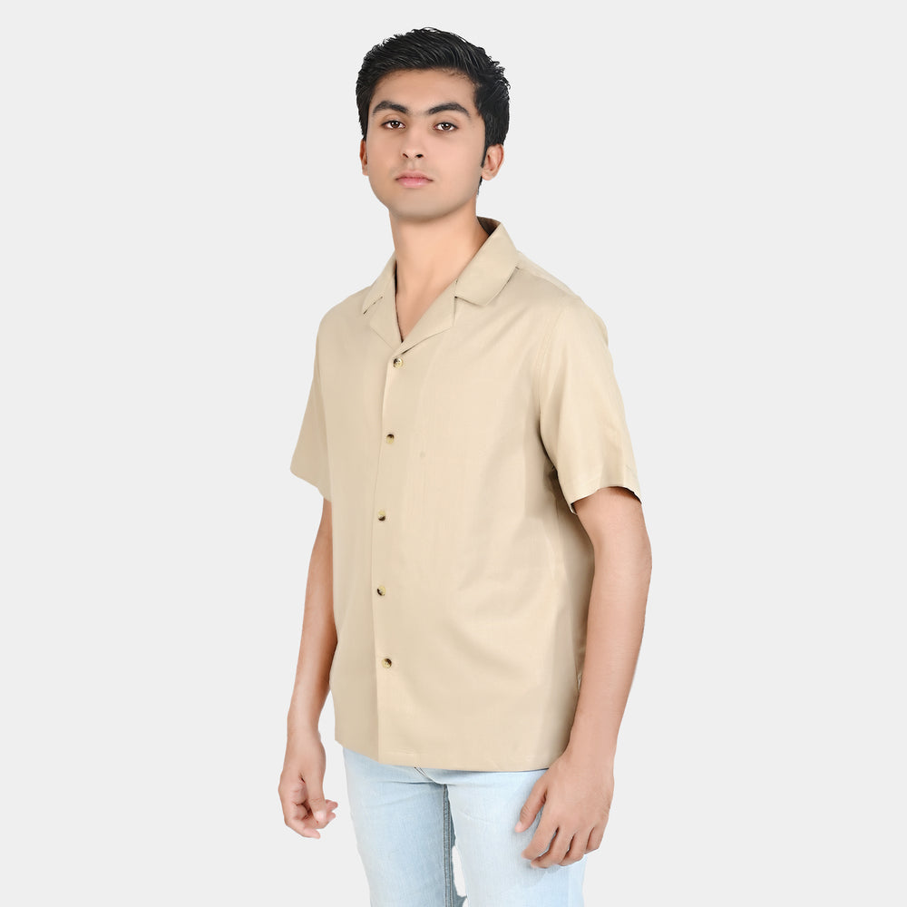 Teens Boy Cotton Resort Collar Shirt-BEIGE