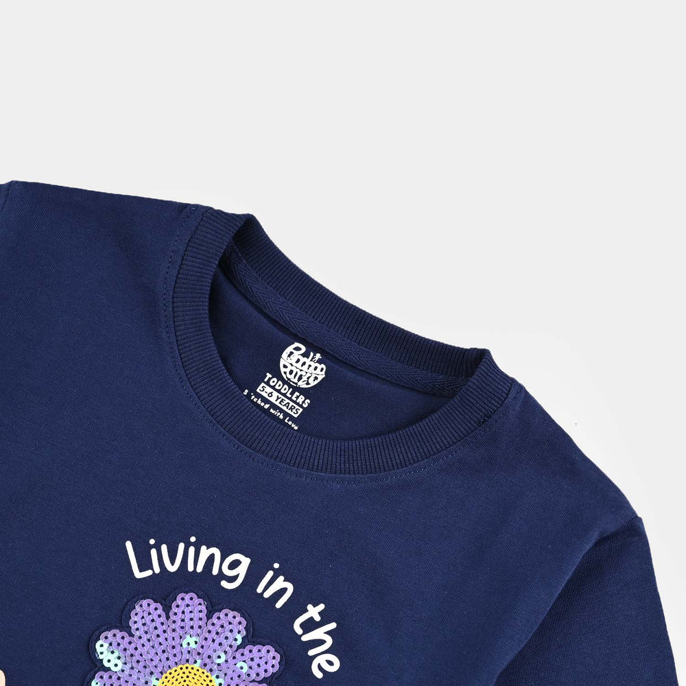Girls Cotton Jersey T-Shirt H/S Flowers-Navy Blue