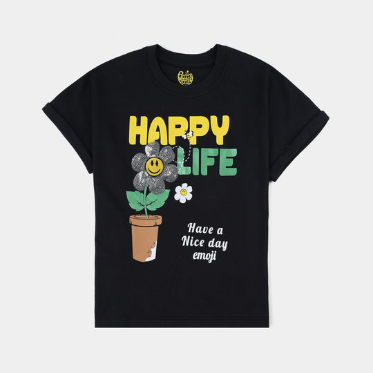 Girls Cotton Jersey T-Shirt Happy Life-Jet Black