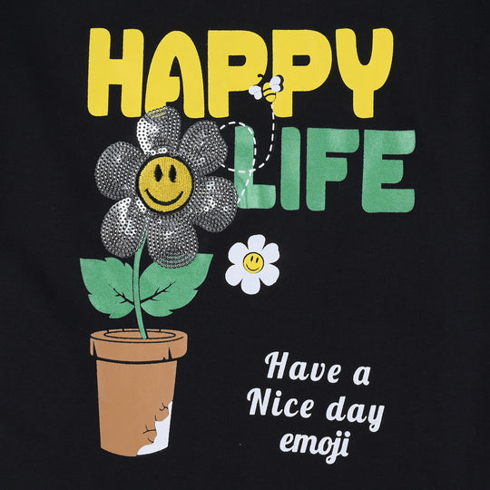 Girls Cotton Jersey T-Shirt Happy Life-Jet Black