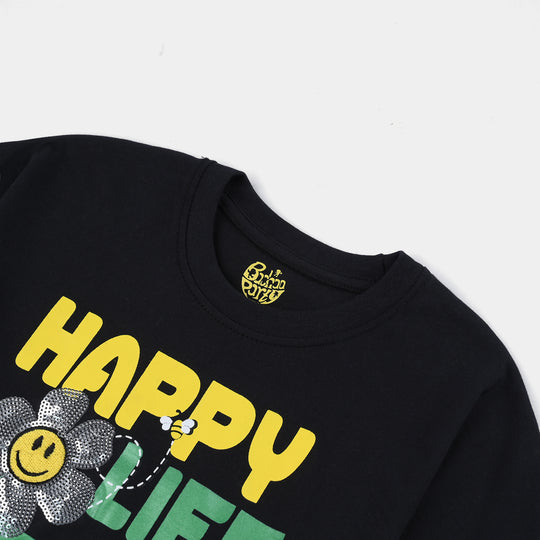 Girls Cotton Jersey T-Shirt Happy Life-Jet Black