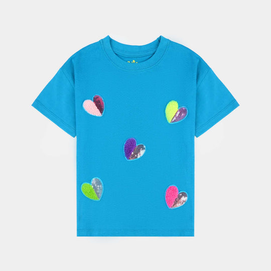 Girls Cotton Jersey T-Shirt Emb HEARTS-Fjord Blue