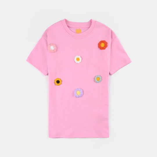 Girls Cotton Jersey T-Shirt CROCHET FLOWERS-Pink