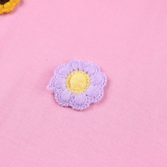 Girls Cotton Jersey T-Shirt CROCHET FLOWERS-Pink