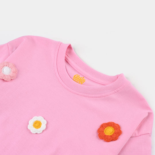 Girls Cotton Jersey T-Shirt CROCHET FLOWERS-Pink