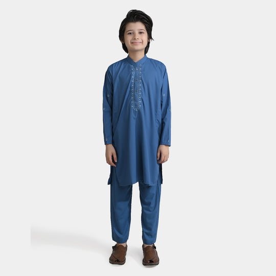 Boys Cotton Kurta pajama Suit (Floral EMB)-T.Blue