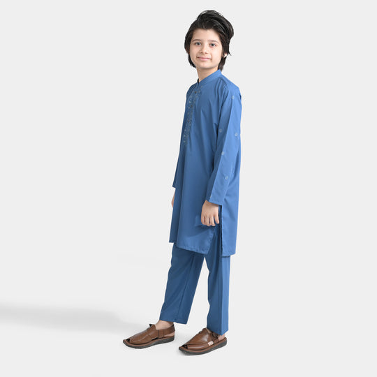 Boys Cotton Kurta pajama Suit (Floral EMB)-T.Blue