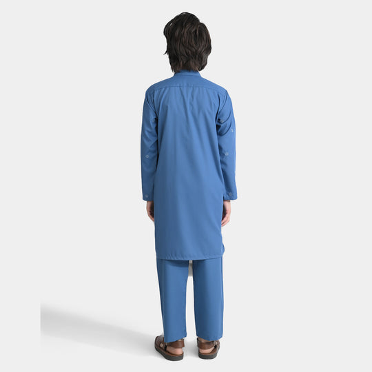 Boys Cotton Kurta pajama Suit (Floral EMB)-T.Blue