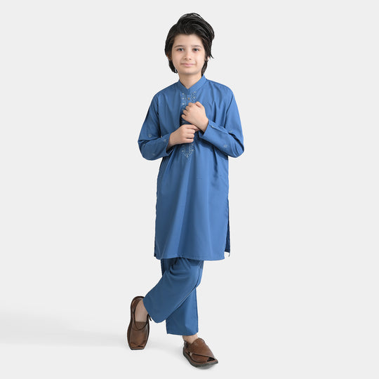 Boys Cotton Kurta pajama Suit (Floral EMB)-T.Blue