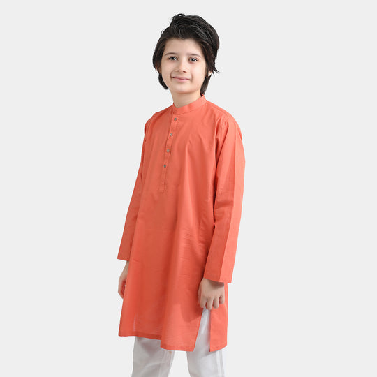 Boys Cotton Jacquard Basic Kurta (Blended Check)-BROWN