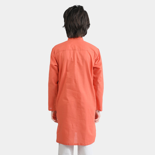 Boys Cotton Jacquard Basic Kurta (Blended Check)-BROWN