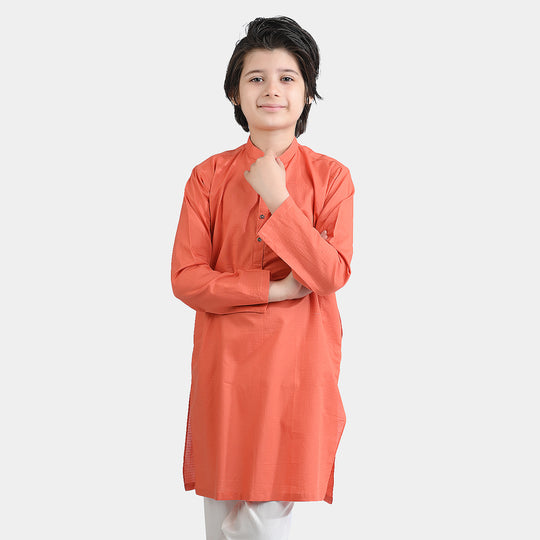 Boys Cotton Jacquard Basic Kurta (Blended Check)-BROWN