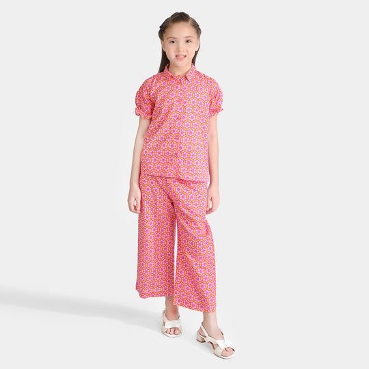 Girls Cotton Poplin Co-Ord Set Pink Geometric-Pink