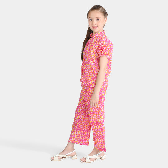 Girls Cotton Poplin Co-Ord Set Pink Geometric-Pink