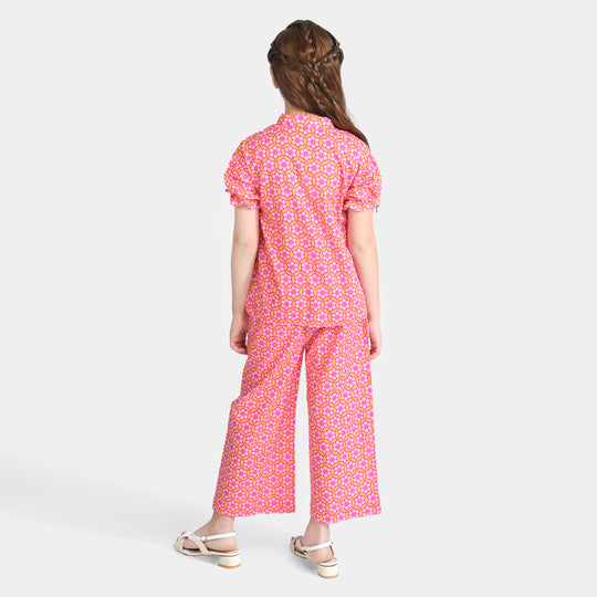 Girls Cotton Poplin Co-Ord Set Pink Geometric-Pink