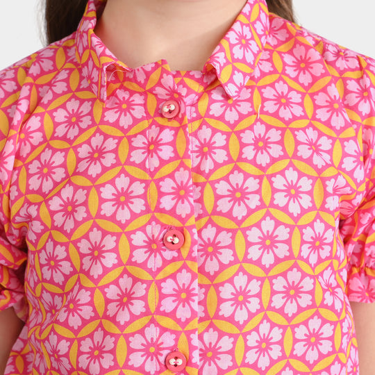 Girls Cotton Poplin Co-Ord Set Pink Geometric-Pink