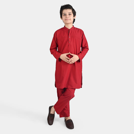 Boys Poly Viscose Kurta & Pajama Suit (Tribal Motif)-RED
