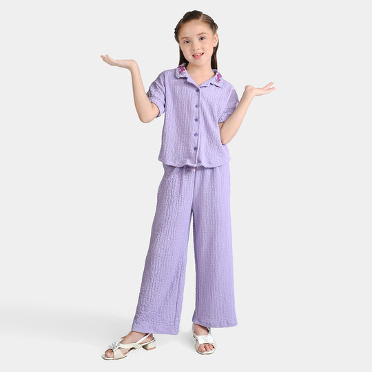 Girls Poly Crinkle 2 Piece Suit Flora Lilac-ORCHID