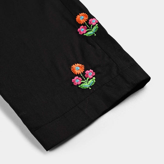 Girls Cotton Flower Emb Straight Pant-BLACK