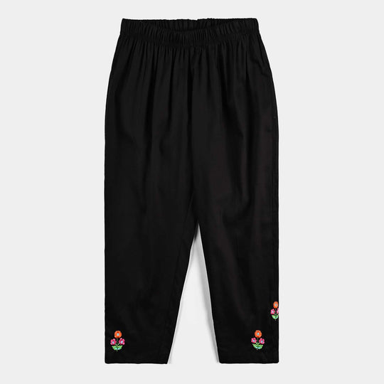 Girls Cotton Flower Emb Straight Pant-BLACK